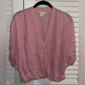 H&M Pink & White Striped Seersucker V-Neck Top